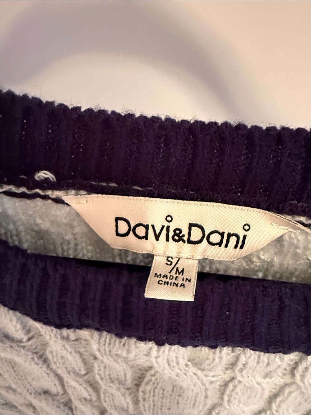 DAVI & DANI Navy and Light Blue Crochet Floral Sleeve Cable Knit Sweater - Picture 3 of 16